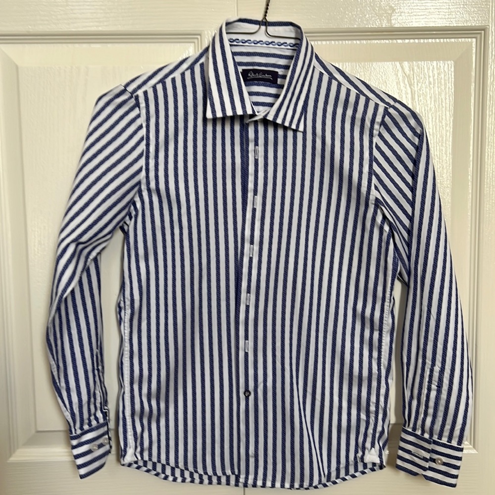 Boys, Robert Graham, Blue and White long sleeve dress shirt. Size 10-12